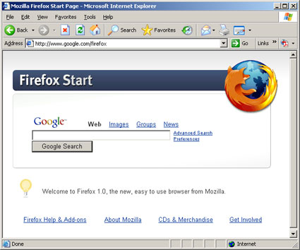Google's Firefox Start page, as seen through Internet Explorer.